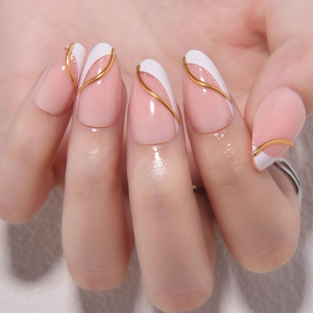 evpct French Tip Press On Nails Short Almond, Nude + Gold Pink Line & White Tips, Short Almond Fake False Press on Nails, Reusable Gel Stick on nail Press ons Nail Kit, Salon Quality