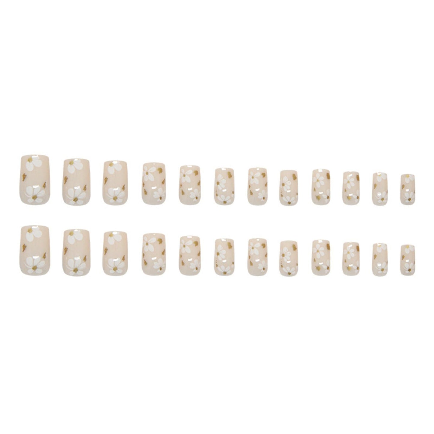 Floral Medium Square Press on Nails Nude Base White Floral Accents Gold Foil Details Glossy Finish Reusable Spring Nails Easy Apply Fashion Party Wear Durable Trendy Women Girls Nail Art 24 Pcs