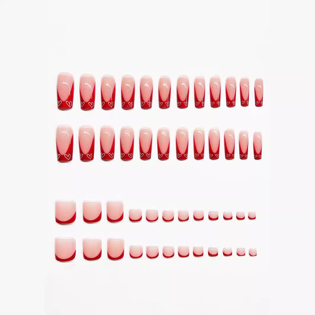 48Pcs Press on Nails & Toenails Set, Square Medium with Heart Design, French Tip, Red Fake Acrylic Nails Kit for Women Manicure