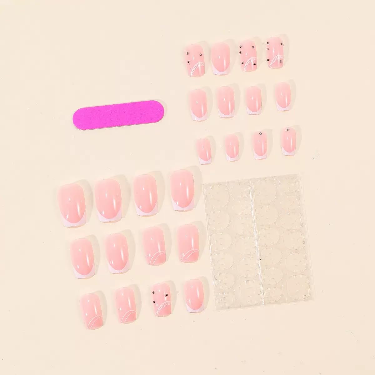 CTTHNBD Short Press on Nails Square - White French Tip Fake Nails with Stripes Design - Glossy Full Cover Stick on False Nails for Women 24 Pcs