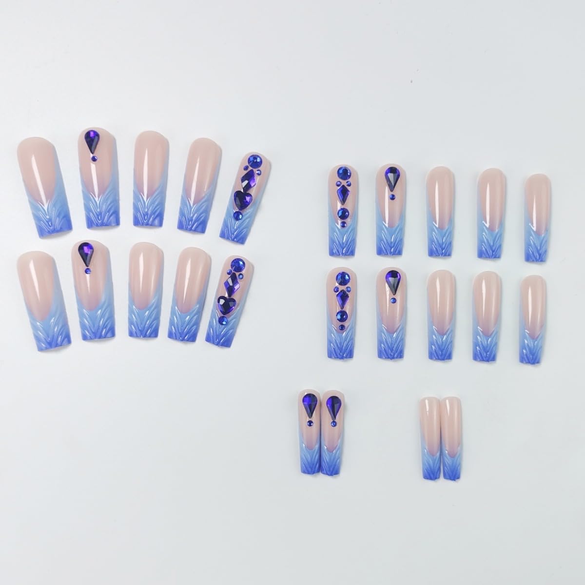 CTTHNBD Blue Press On Long Square French Tip Ombre Acrylic Rhinestone Full Cover Stick On Nails - 24 Pcs