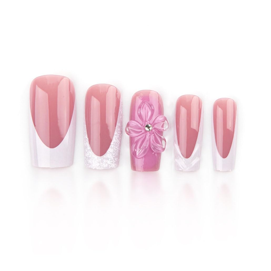 Foccna French Press on Nails Medium Long Pink Fake Nails Square Bling Glossy 3D Flower Design False Nail Tips Artificial Nails Finger Manicure for Women and Girls-24pcs