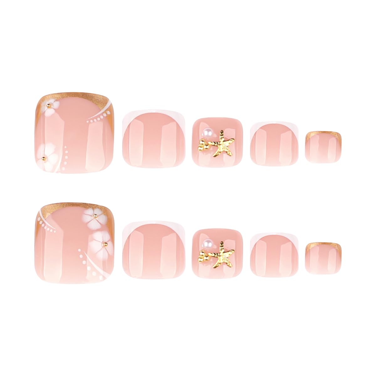 yefiuo Handmade Press on Toenails Gold French Toe Press on Nails Tips Kit Fake Toe Nails Press ons False Toenails Flower Starfish Acrylic Glue on Nails Stick on Nails for Women Nail Supplies 24Pcs