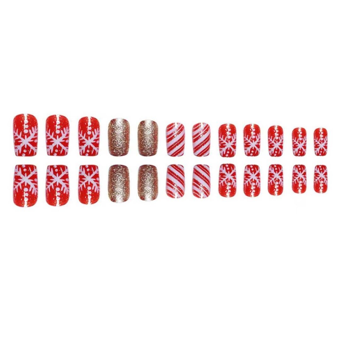 24Pcs Christmas Red Press on Nails Snowflake Fake Nails with Gold Glitter Designs Red White Stripe False Nails Xmas Full Cover Glue on Nail Winter Artificial Acrylic Nail for Women Nails Art Kit