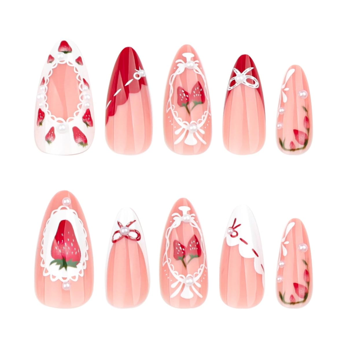 Strawberry Press on Nails Medium Almond, Bow French Tip Fake Nails with Glue, Strawberries Bows Pearl Rhinestones Stick on Nails Full Cover Pink Glossy False Nails for Women Manicure Decoration, 24PCS
