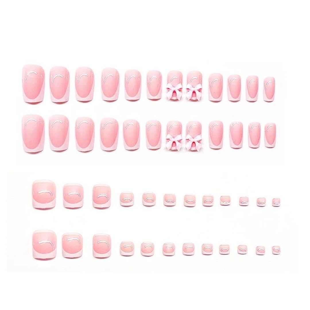CTTHNBD Medium Press on Nails & Square Press on Toenails, White French Tip Fake Nails with Bow Design - for Women 48 Pcs