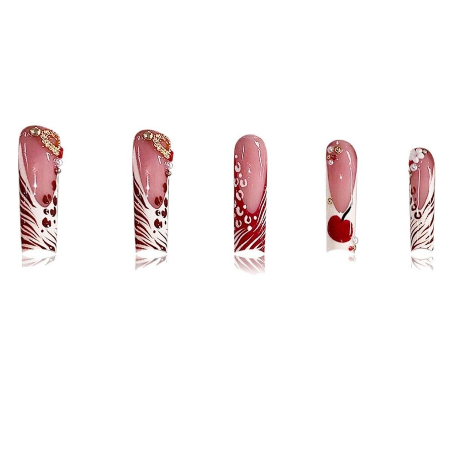 Long Square Press on Nails Fake Nails Artificial Nail Stick on Nail for Women, Red Cherry Design on Nude Pink with Pearl and Gold Accents