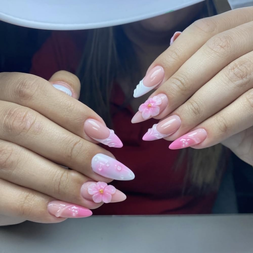 Pink Press on Nails Medium Almond Fake Nails with 5D Flower Design Glossy Ombre Pink Glue on Nail Water Ripple French Tips Nails Press ons Reusable Pearl Acrylic Nail for Women Manicure 24Pcs