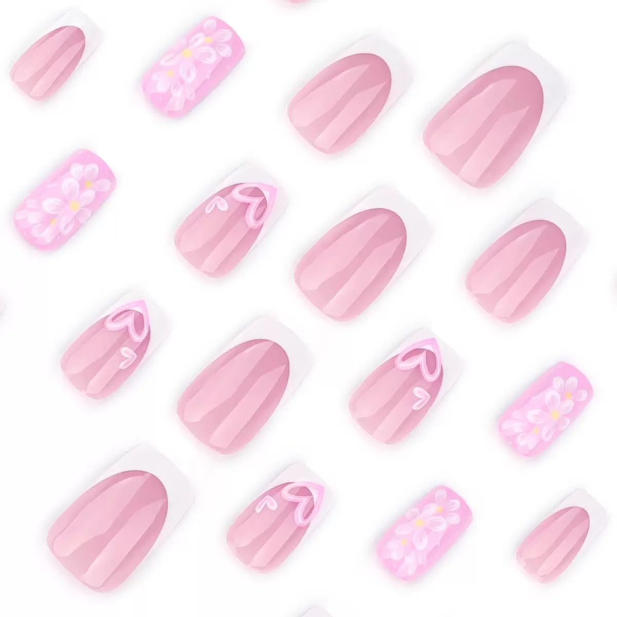 CTTHNBD Press on Nails Square - Medium Fake Nails with Flower Heart Design - White French Tip False Nails Press ons - for Women 24 Pcs