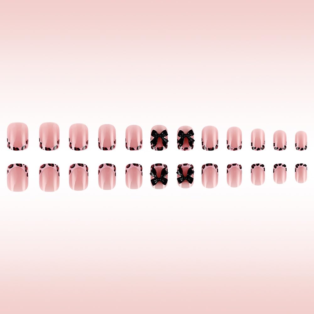 Leopard Press on Nails Short Square Fake Nails French Nails Press ons with Black Bow Nail Charms Design,Reusable & Easy Apply Full Cover Stick on Nail for Women Manicure 24Pcs
