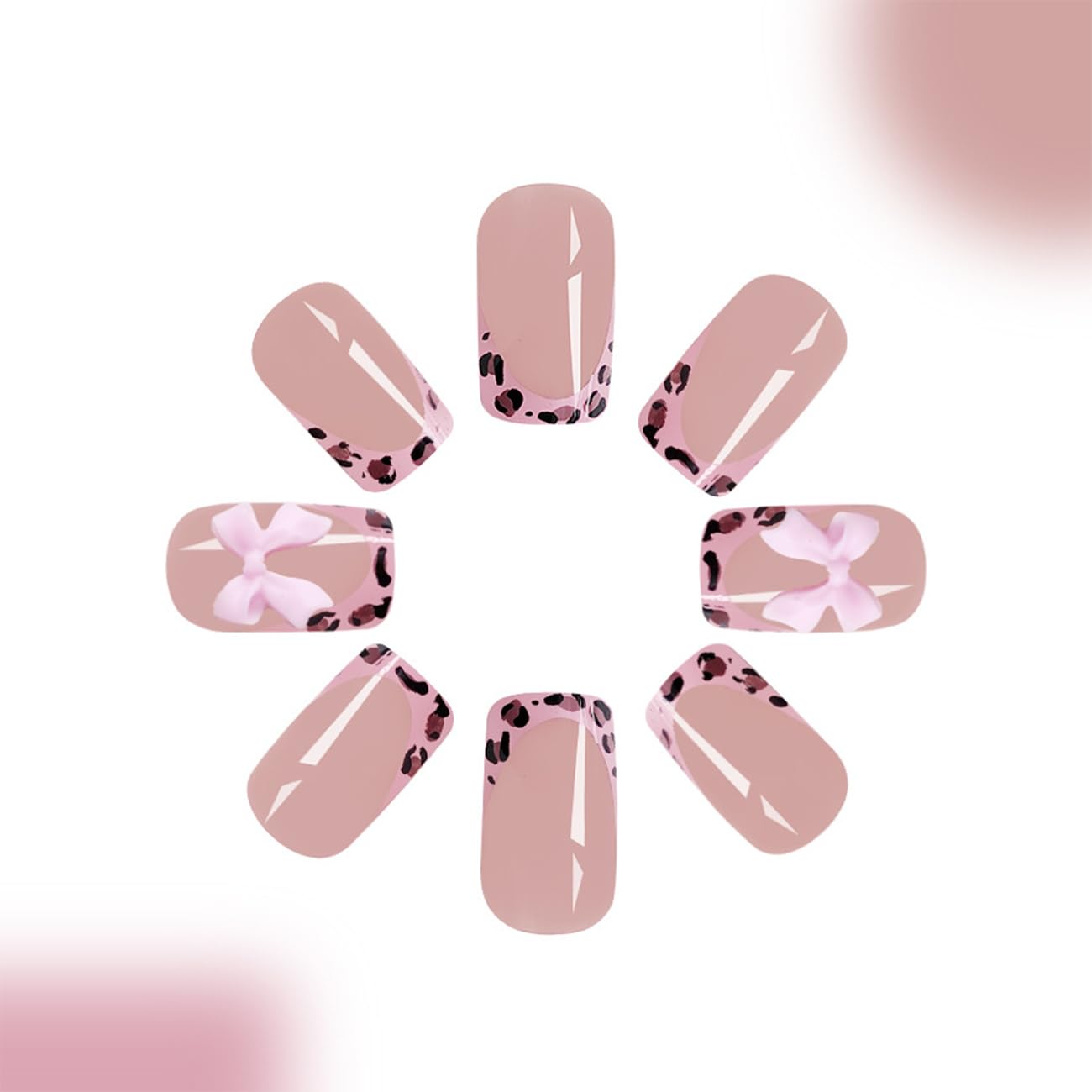 24Pcs Leopard French Tip Press on Nails Short Square Fake Nails Pink Glossy Bow Designs Full Cover Nude Glue on Nails Cute False Nail Stick on Nail for Women Girls Medium Manicure Decorations