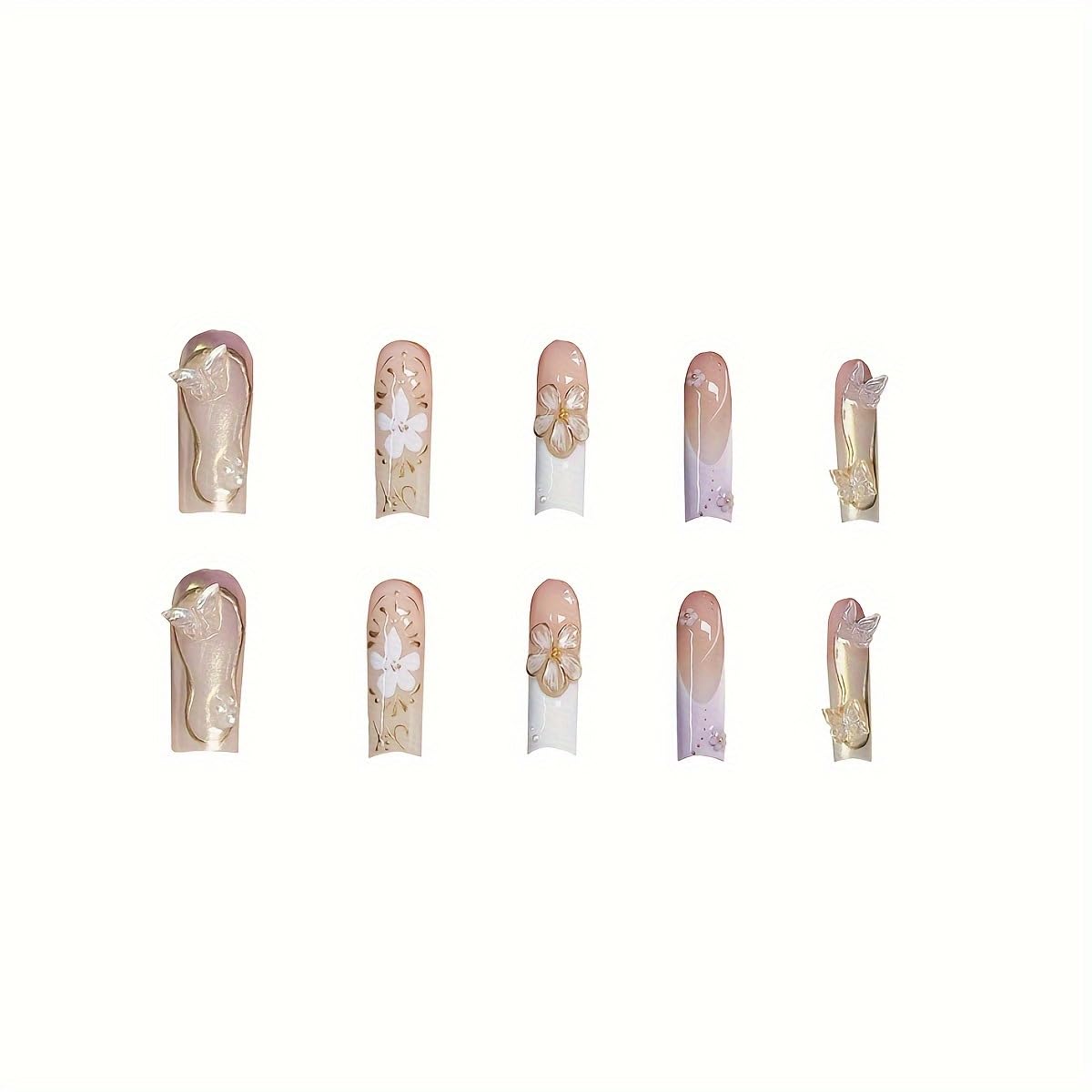 Long Press on Nails Square Fake Nails Purple Acrylic Nail Press Ons Seeneey 3D Flowers and Gold Charm Designs Cute Butterfly Stick on Nail for Women 24pcs
