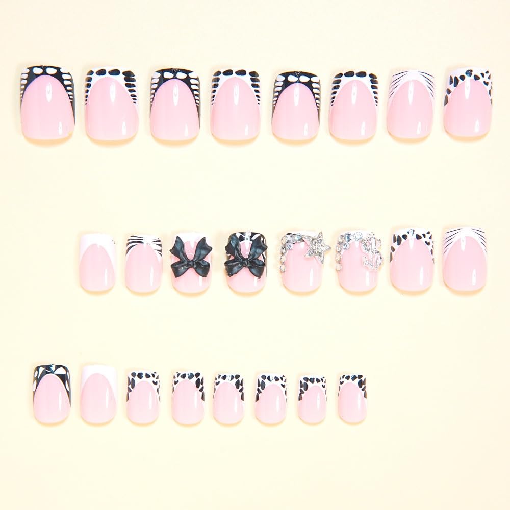 CTTHNBD Short Press on Nails - Square Fake Nails with Bow Star Charms Design - French Tip False Nails Stick on - for Women 24 Pcs