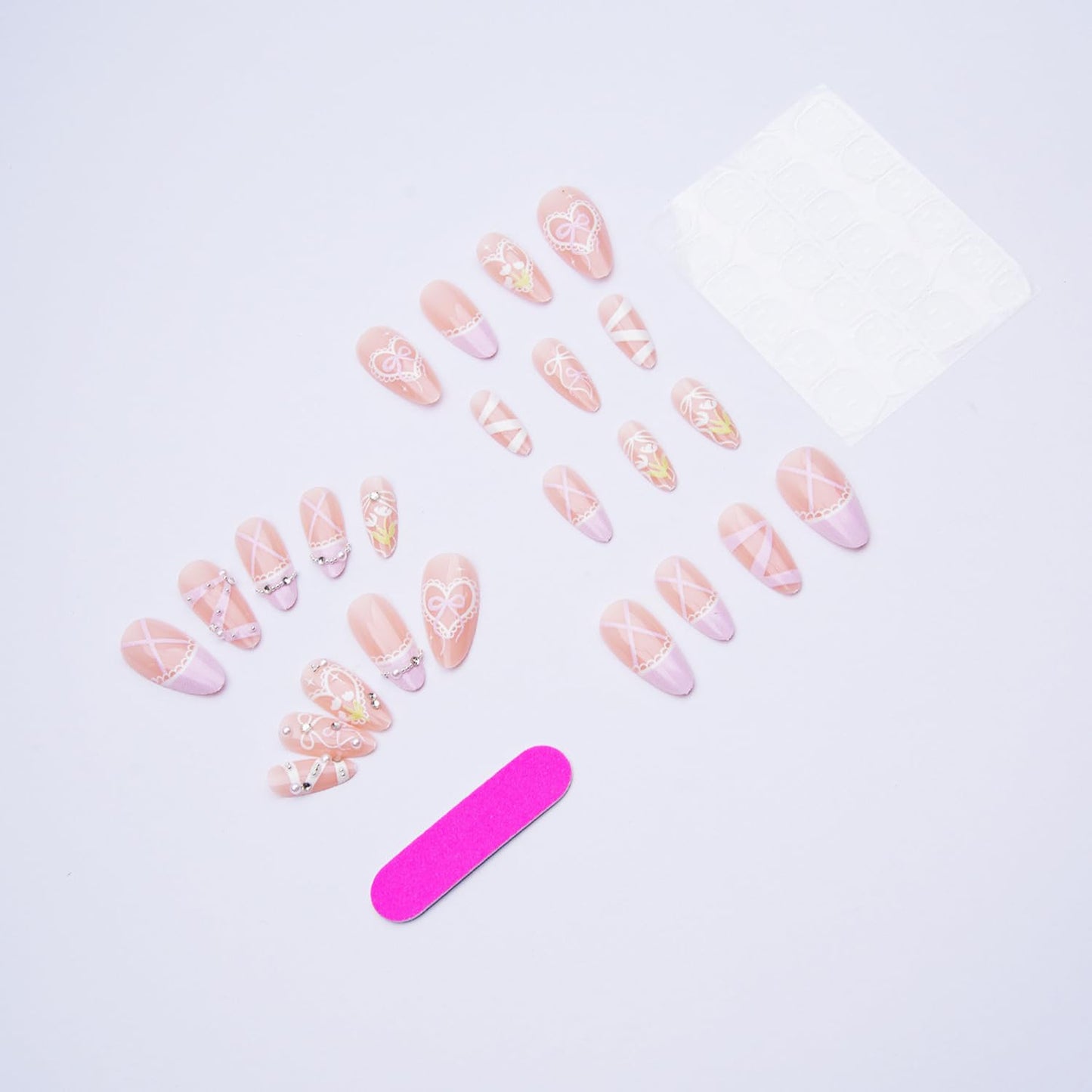 24Pcs French Tip Press on Nails Almond Fake Nails Pink Glossy Bow Designs Full Cover Nude Glue on Nails French Nails Press ons Cute Bow Stick on Nails for Women Medium Manicure Daily Wear