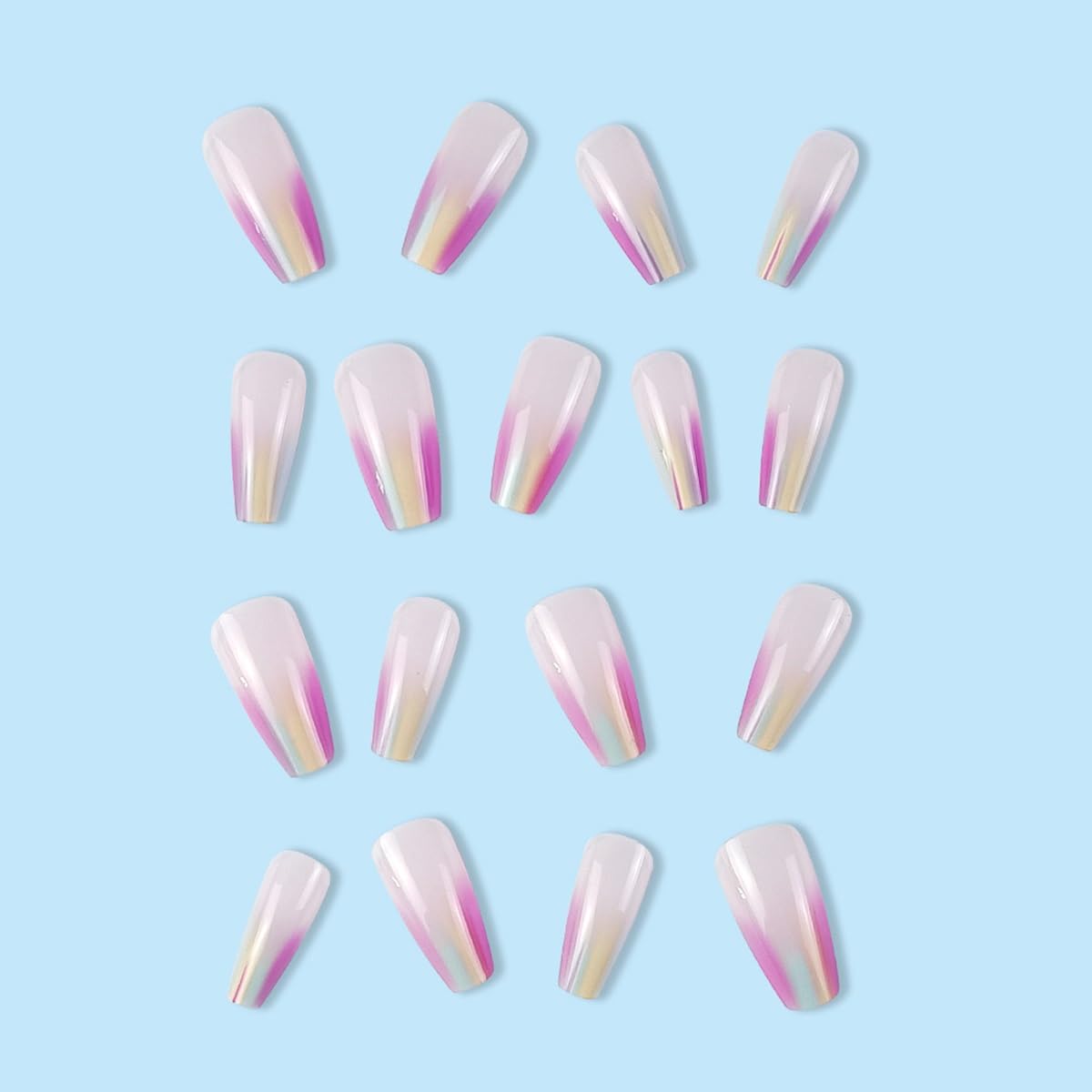 Press On Nails Coffin Medium Aurora Rainbow Glossy Full Cover Glue on Nails with Designs Colorful Chrome Artificial Acrylic Nails Kit for Women Manicure 24Pcs