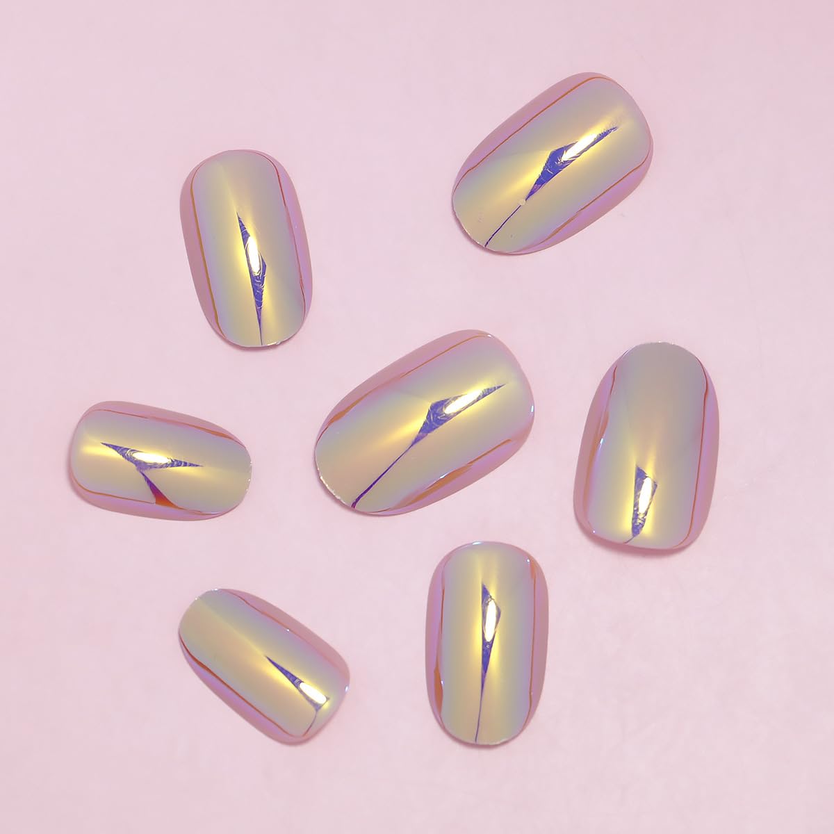 Press on Nails Short Oval Fake Nails Purple Metal Chrome False Nails with Glossy Holographic Gradient Acrylic Nails Shiny Full Cover Glue on Nail for Women Manicure 24Pcs