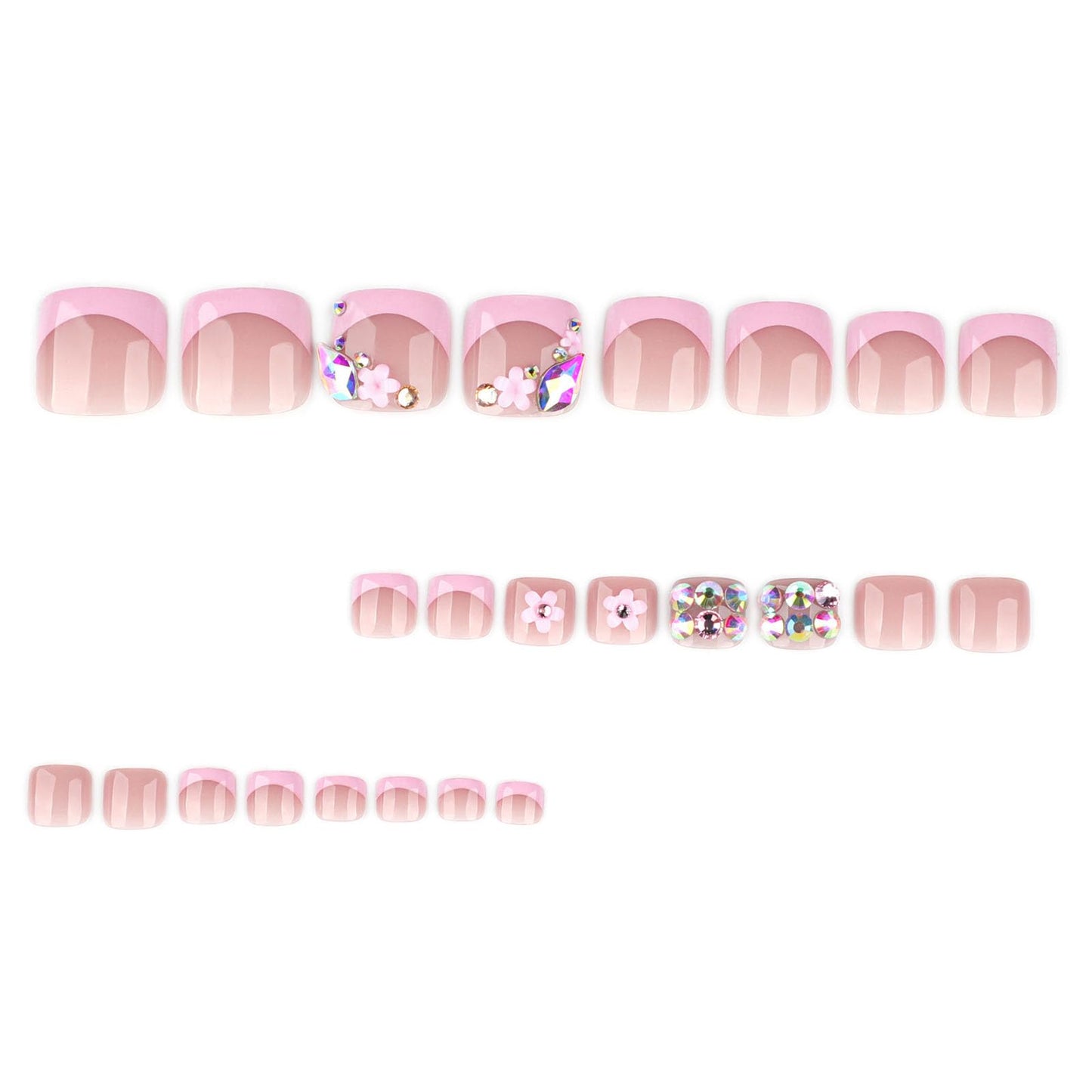 RUOKEXIN Short Press on Toenails Pink French Tip Fake Toenails with 3D Flower Rhinestones Designs Square Toe Nail Press ons Sparkly Artificial Nails for Women 24Pcs
