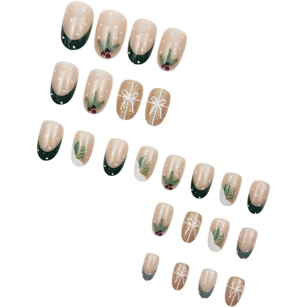 Medium Press on Nails Christmas Green French Tip Fake Nails Gold Glitter Almond Fake Nails with Polka Dot Designs Winter Xmas False Nails Full Cover Glue on Nails for Women Manicure Kit 24Pcs