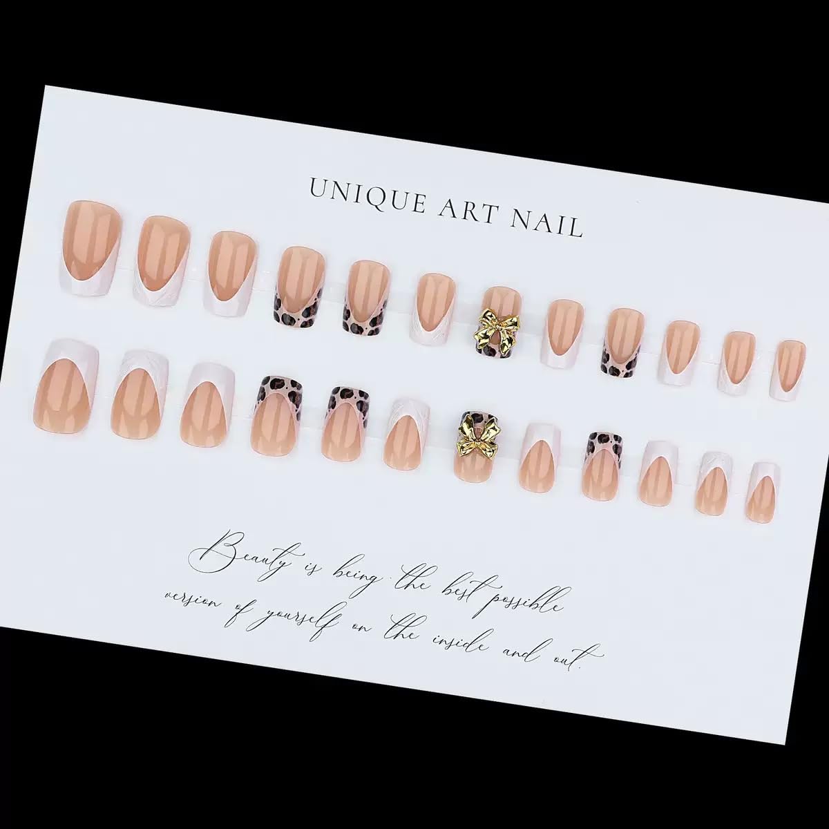 CTTHNBD Short Press on Nails Square - French Tip Fake Nails with Leopard Print Design - Gold Bow False Nails Press ons - for Women 24 Pcs