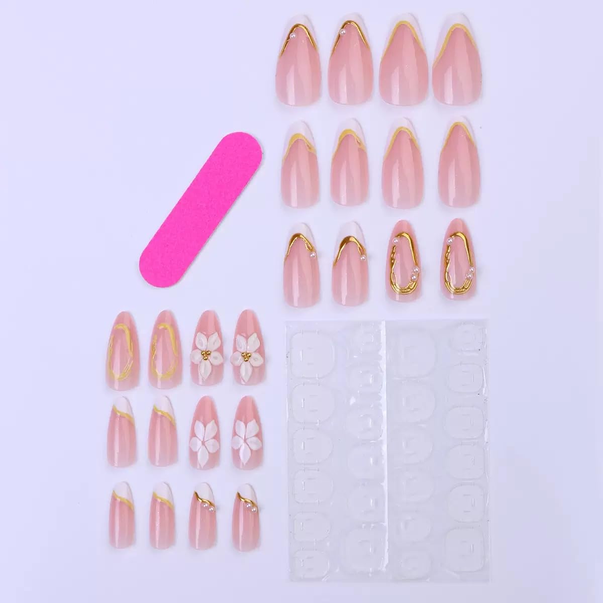 Medium Press on Nails Almond - White French Tip Fake Nails with Flower Design - Gold Stripes False Nails Press ons - for Women 24 Pcs
