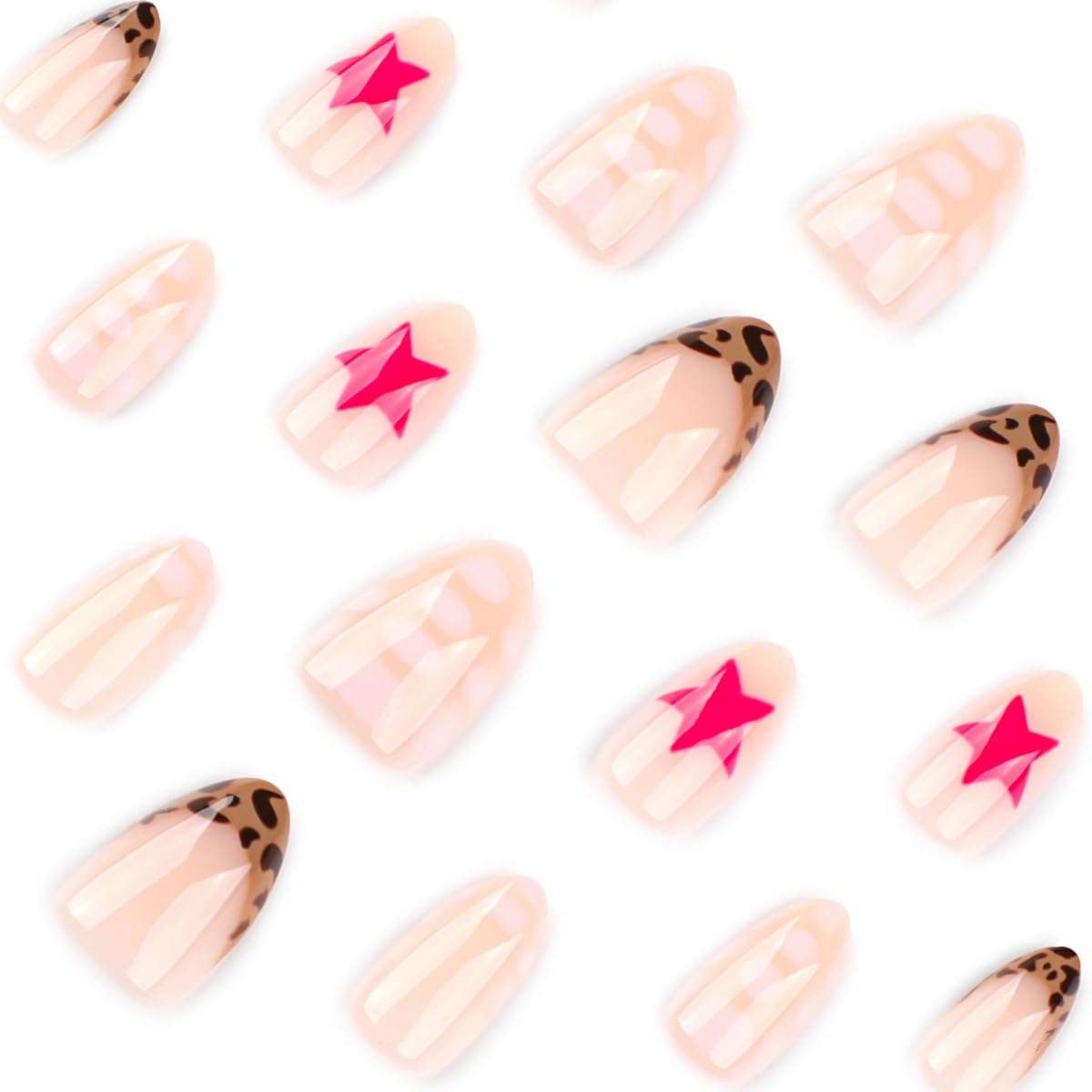 24Pcs French Tips Press on Nails Short Almond Fake Nails with Leopard Designs Cute Pink Star False Nail Nude Nails Press Ons Artificial Full Cover Acrylic Glue on Nail for Women Girl Manicure