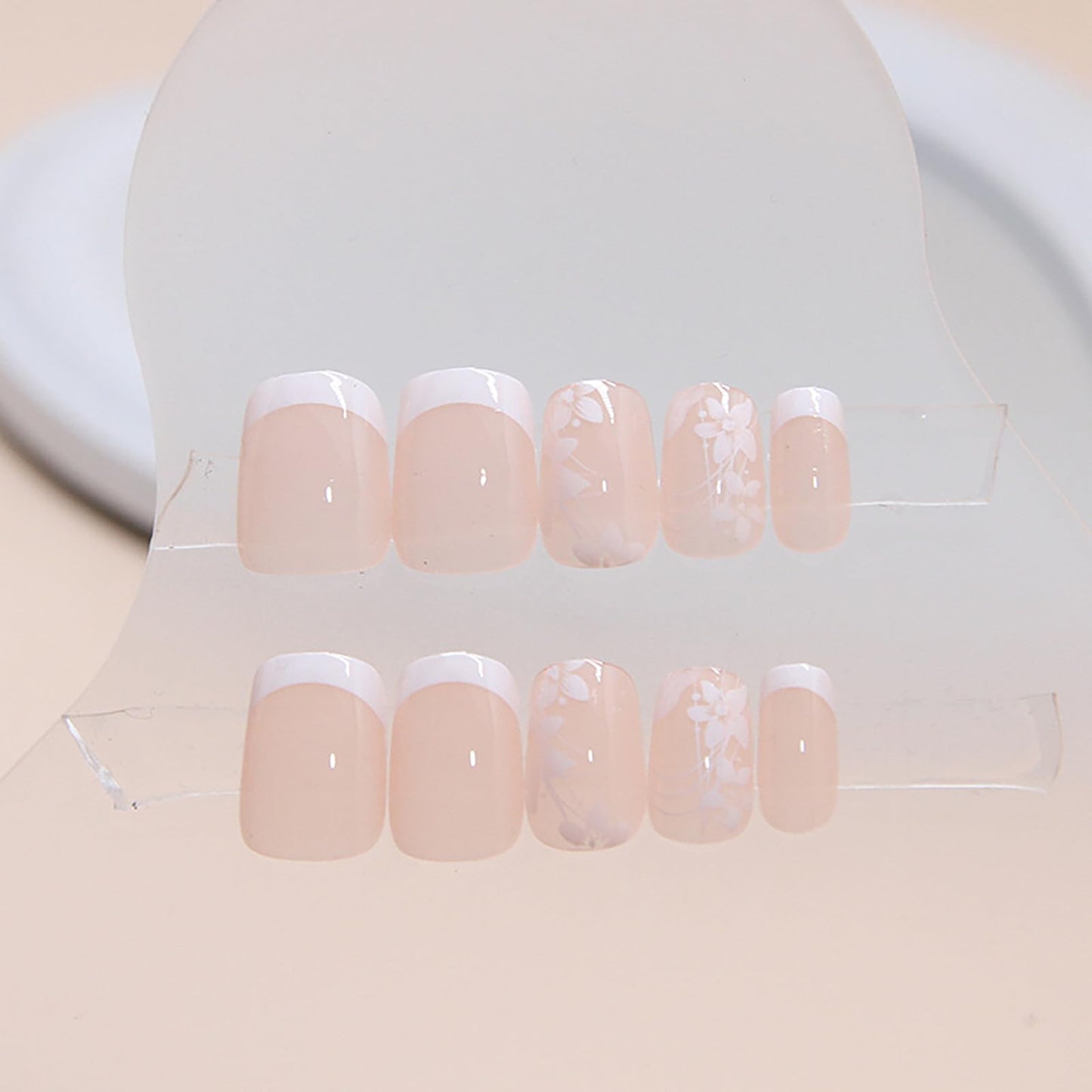 RTKHFZE Press on Nails French Tip Short Fake Nails Square Acrylic Nails with Cute Flower Designs Artificial Pink False Nails Stick on Nail for Women Manicure 24Pcs