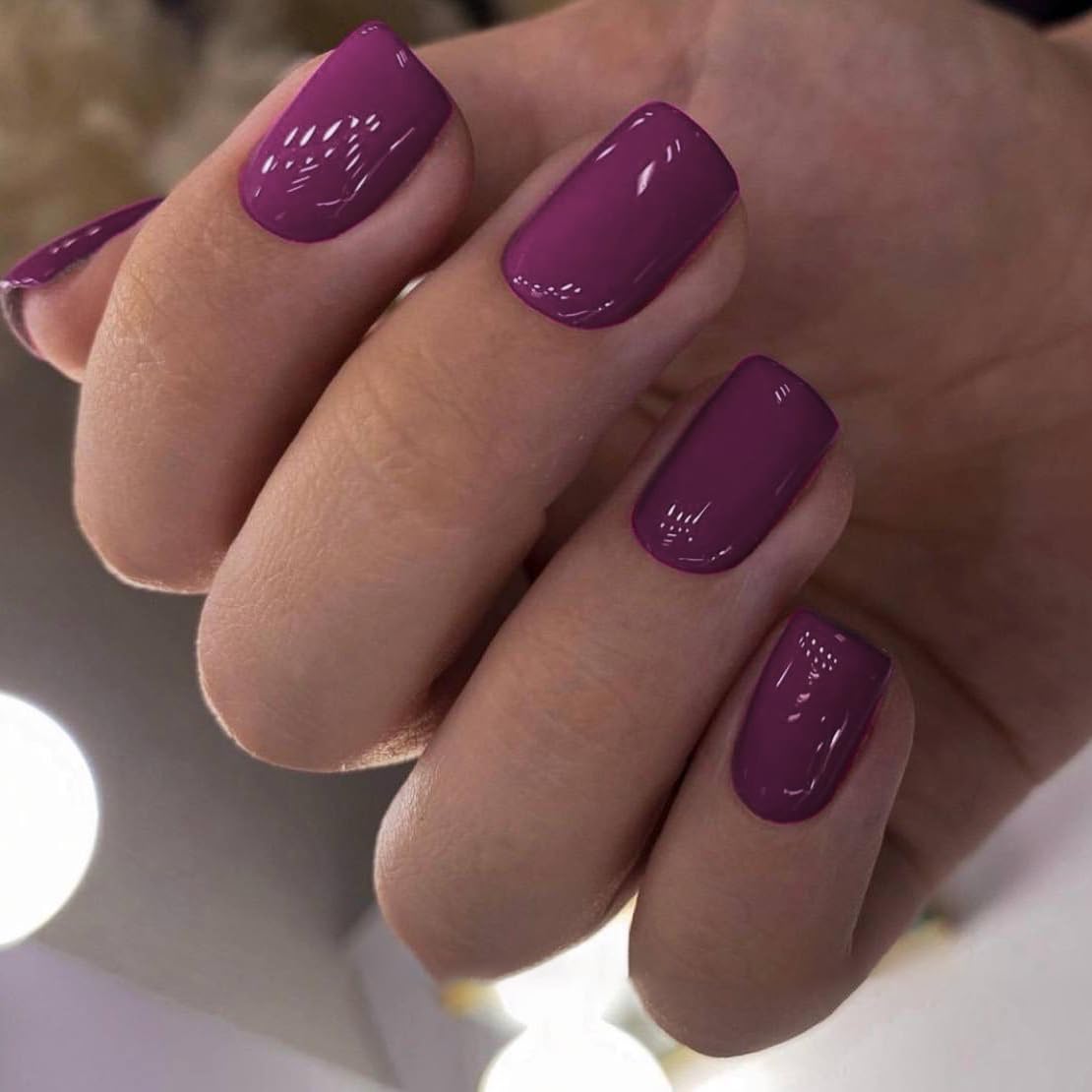 Plum Press On Nails Short Square, Natural Fuchsia Gel Nails Glue on Fall Colors 2025 Trendy Acrylic Nails Press ons Featured Protective Coat Thick Reusable Fake Nails 24Pcs Short Coffin Nails