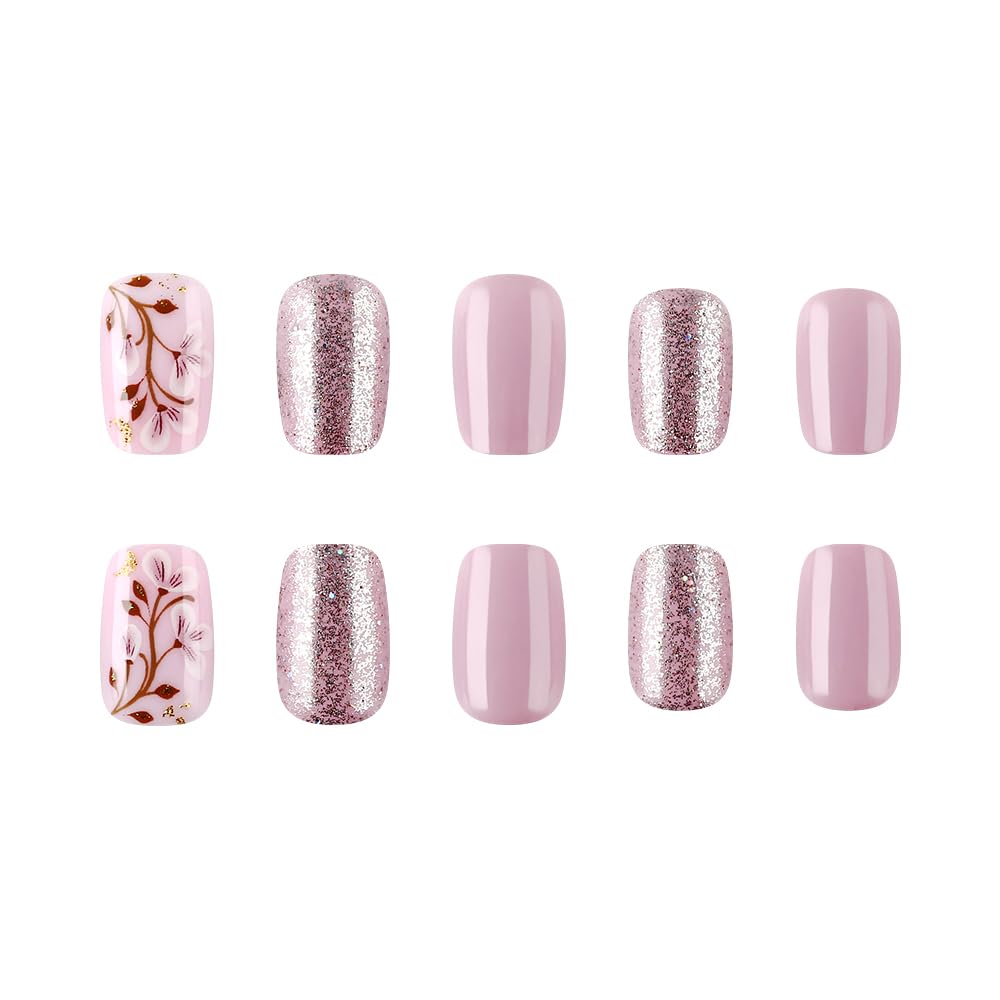 Taoyisent Nude Pink Press On Nails Short Square Glossy, Floral Glitter Fake Nails with Elegant Blossom Design, Reusable Full Cover Stick On Nails for Women Wedding Office Daily Wear, 24PCS
