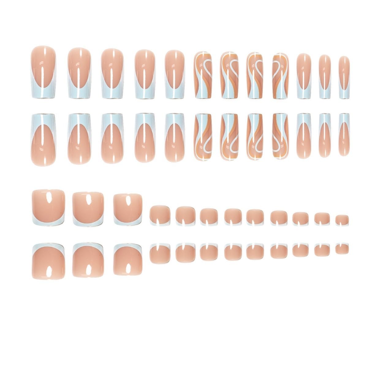 CTTHNBD Medium Press on Nails Square & Press on Toenails Set, Blue French Tip Fake Nails with Swirl Design - for Women 48 Pcs