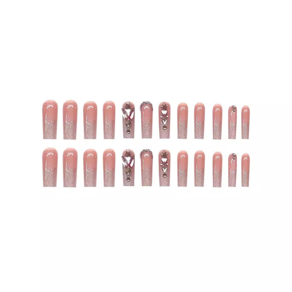 48Pcs White French Tips Press on Toenails & Long Square Press on Nails with Rhinestones, Long Square Glitter French Tip Fake Nails, Bling Glue on Nails for Women Wedding Party Manicure
