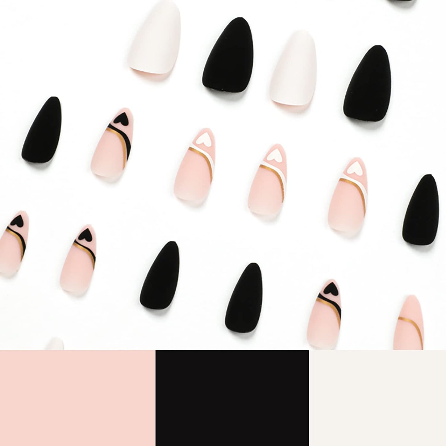 Black White Heart Press on Nails Almond, Medium Length Fake Nails French Love Design Valentine's Day Nails Full Cover False Nail Acrylic Nails with Nail Glue for Women and Girls 24 Pcs
