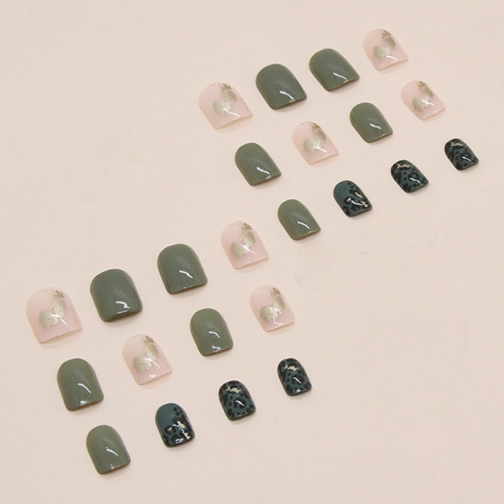 Press On Nails Short,Acrylic Nails Press on,Short Square Press on Nails Fake Nails Glossy Green False Nails with Leopard Print Gold Foil Press ons Design Artificial Nails Stick on Nails for Women24Pcs