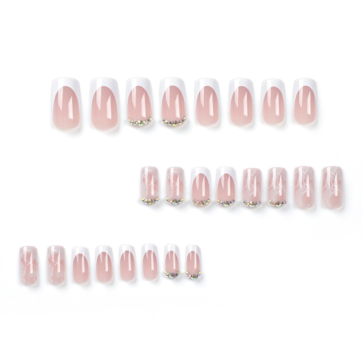 Vezocim French Artificial Fake Square Nails, 24Pcs Nude Press on Nails Medium Coffin with Rhinestone Designs, Glossy Full Cover Acrylic False Nail, Glue Fake Fingernails with Charm for Women