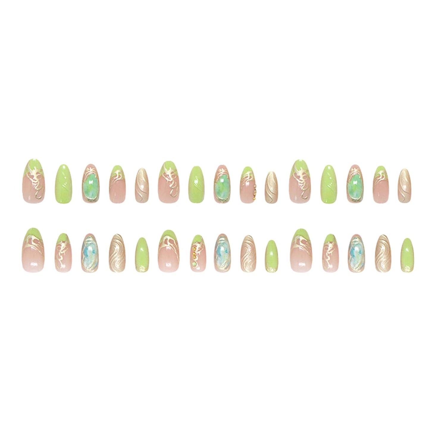 30Pcs Chrome Gold Press on Nails Medium Almond Green French Tip Fake Nails with 3D Rhinestone Design Gold Irregularity Line False Nails Nude Glossy Full Cover Gilded Artificial Glue on Nails for Women