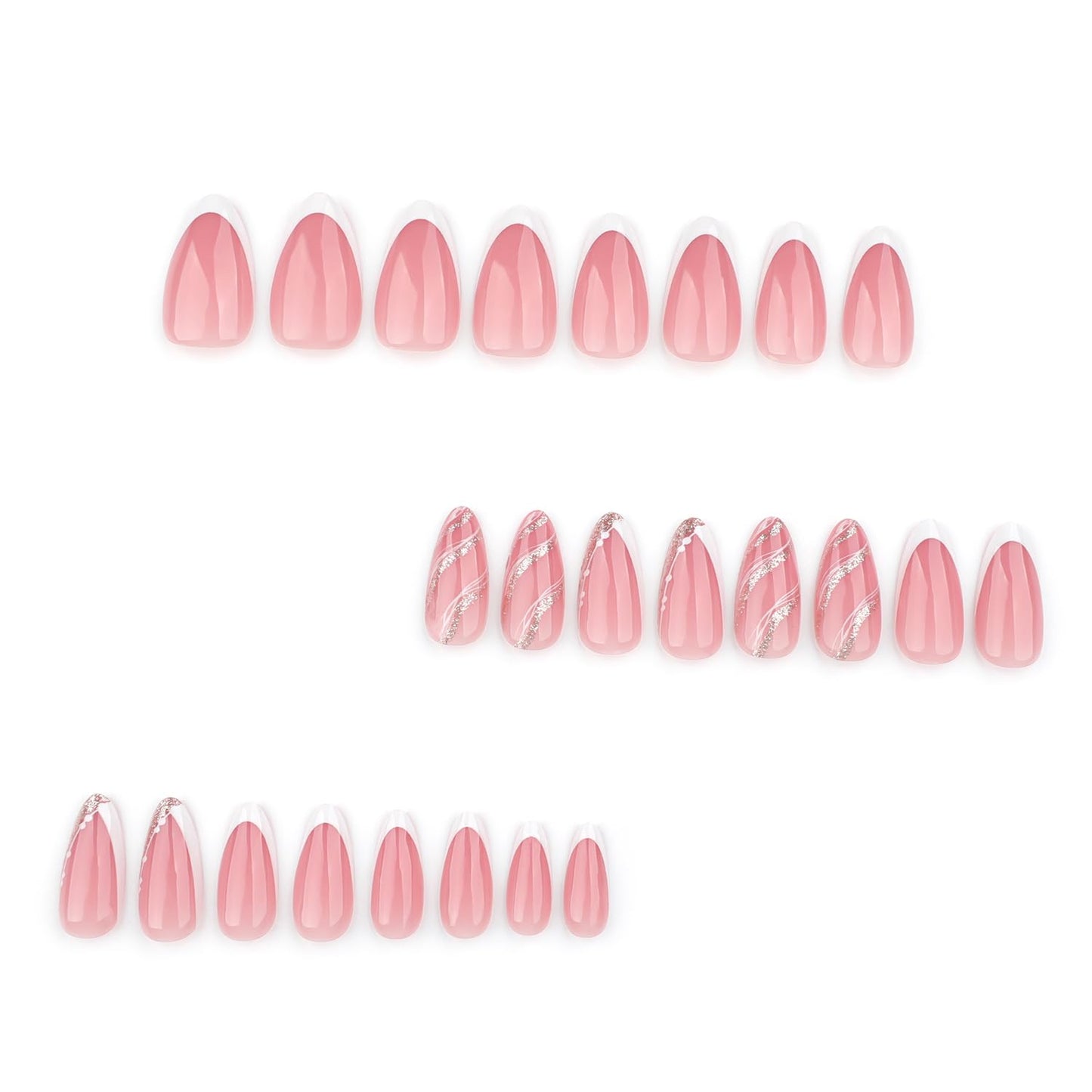 Taoyisent French Tip Press On Nails with Glitter Accent, Peach Pink Almond Fake Nails, Elegant Nude White False Nails, Press On Nail Kit for Women, 24PCS
