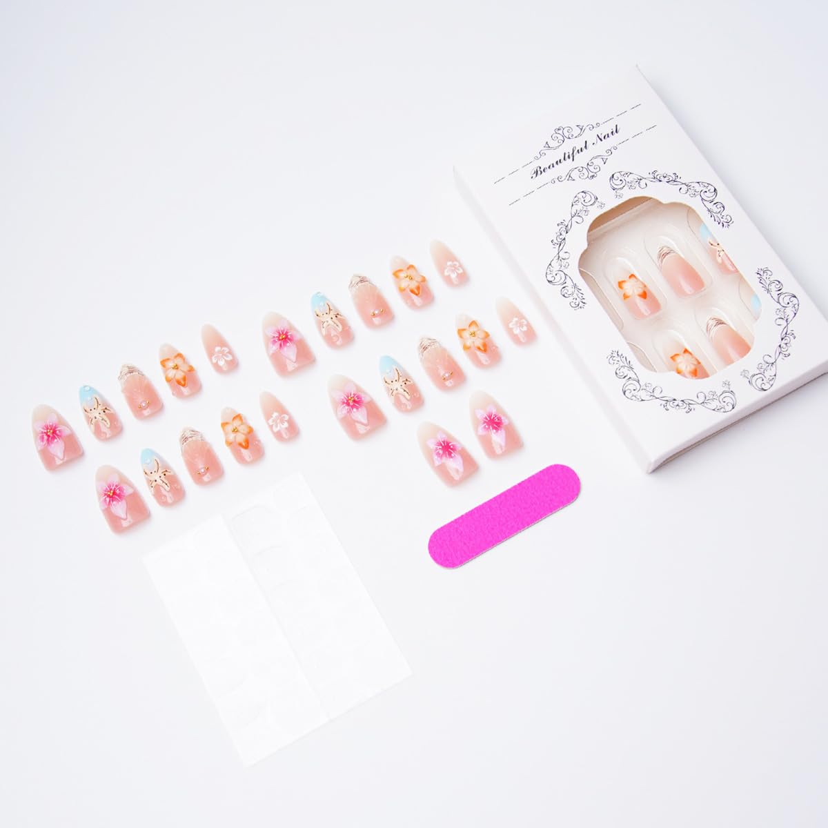 30Pcs Pink Flower Press on Nails Medium Almond Fake Nails 3D Floral with Gold Beads Design Polka Dot French Tip False Nails Cute Kawaii Stick on Nail Reusable Spring Summer Press Ons for Women Acrylic
