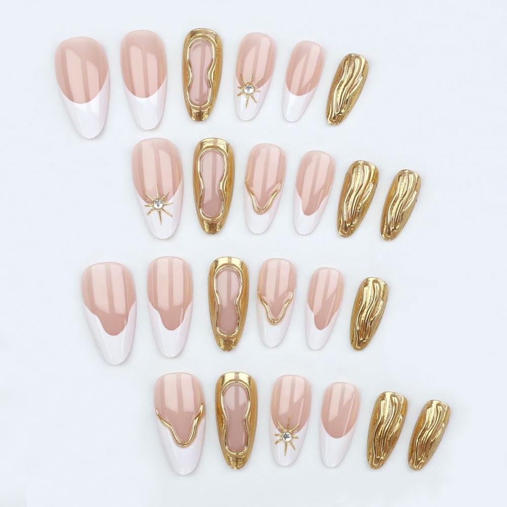Medium Almond Press on Nails French Tips Nails Press on with 5D Star Charm Design Glossy Gold Lines Glue on Nails Metallic Golden Fake Nail Full Cover Pink False Nail for Women Manicure 24Pcs