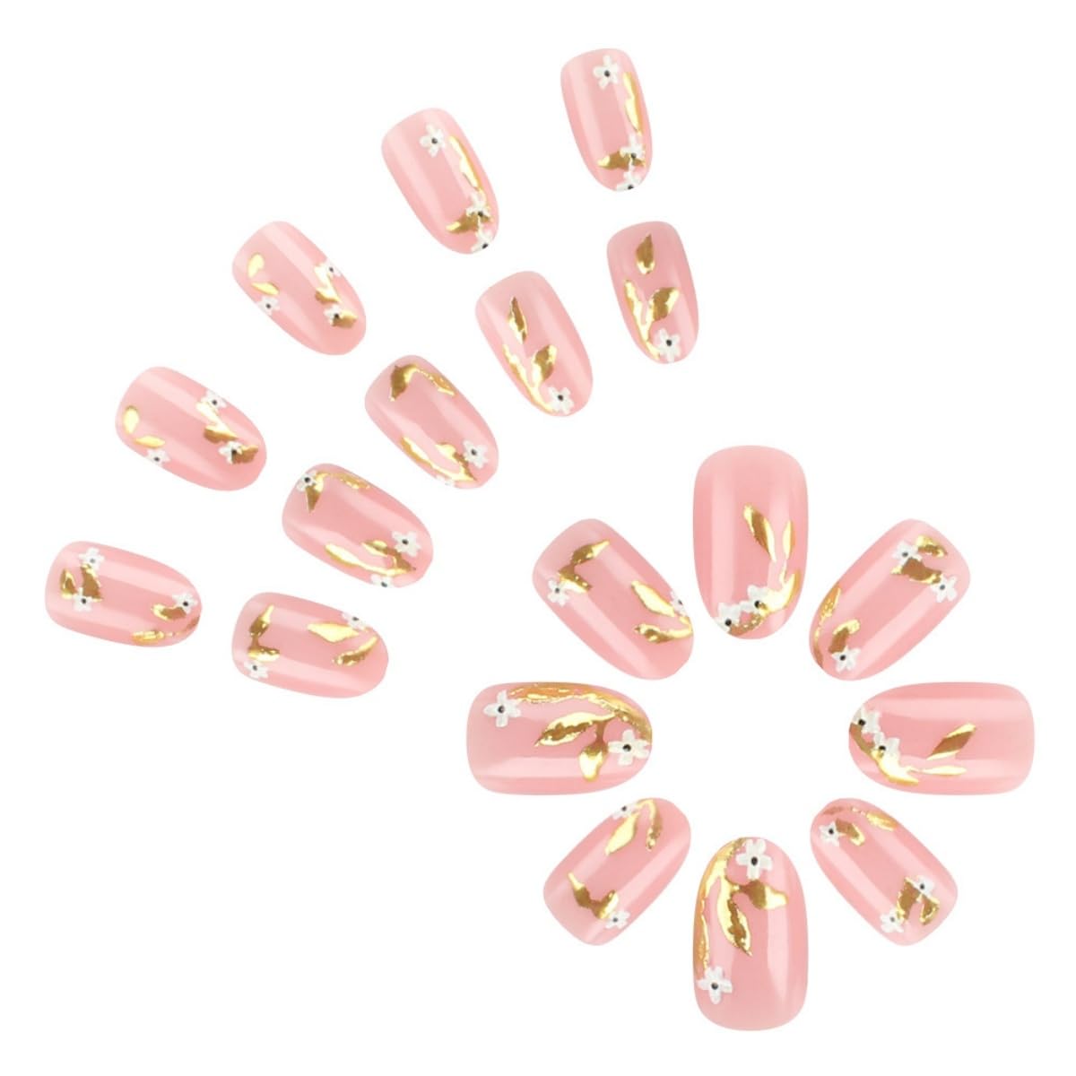 Summer Gold Leaf Press on Nails White Flower Fake Nails with Glue Full Cover Pink Glossy Acrylic False Nails for Women DIY Manicure Decoration 24PCS Reusable Artificial Nails