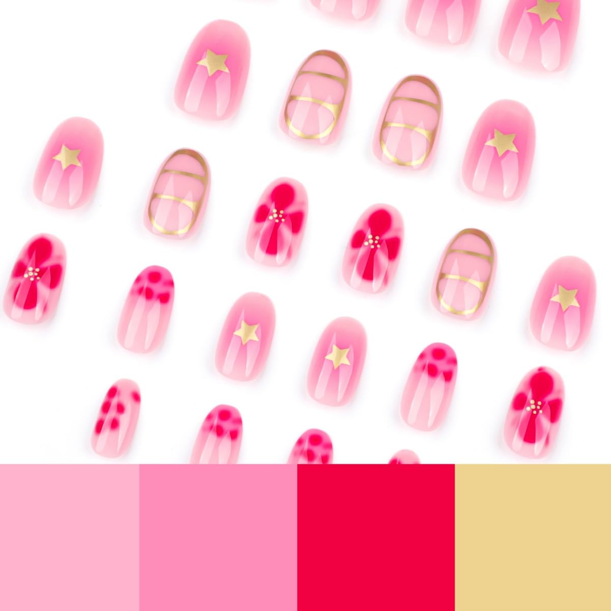 Gold Press on Nails Short Oval Fake Nails with Gold Lines Design Stick on Nails Star Pink Flower False Nails Handmade Full Cover Acrylic Glue on Nail for Women Girl Nail Art Decoration 24Pcs