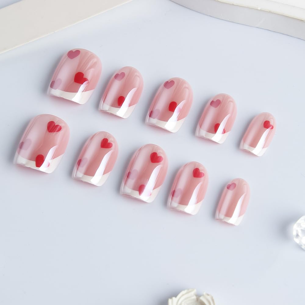 French Tip Press on Nails Short Square Fake Nails Red Heart False Nails with Glossy Metal Chrome Acrylic Nails Shiny Valentine's Glue on Nail for Women Manicure Decoration 30Pcs