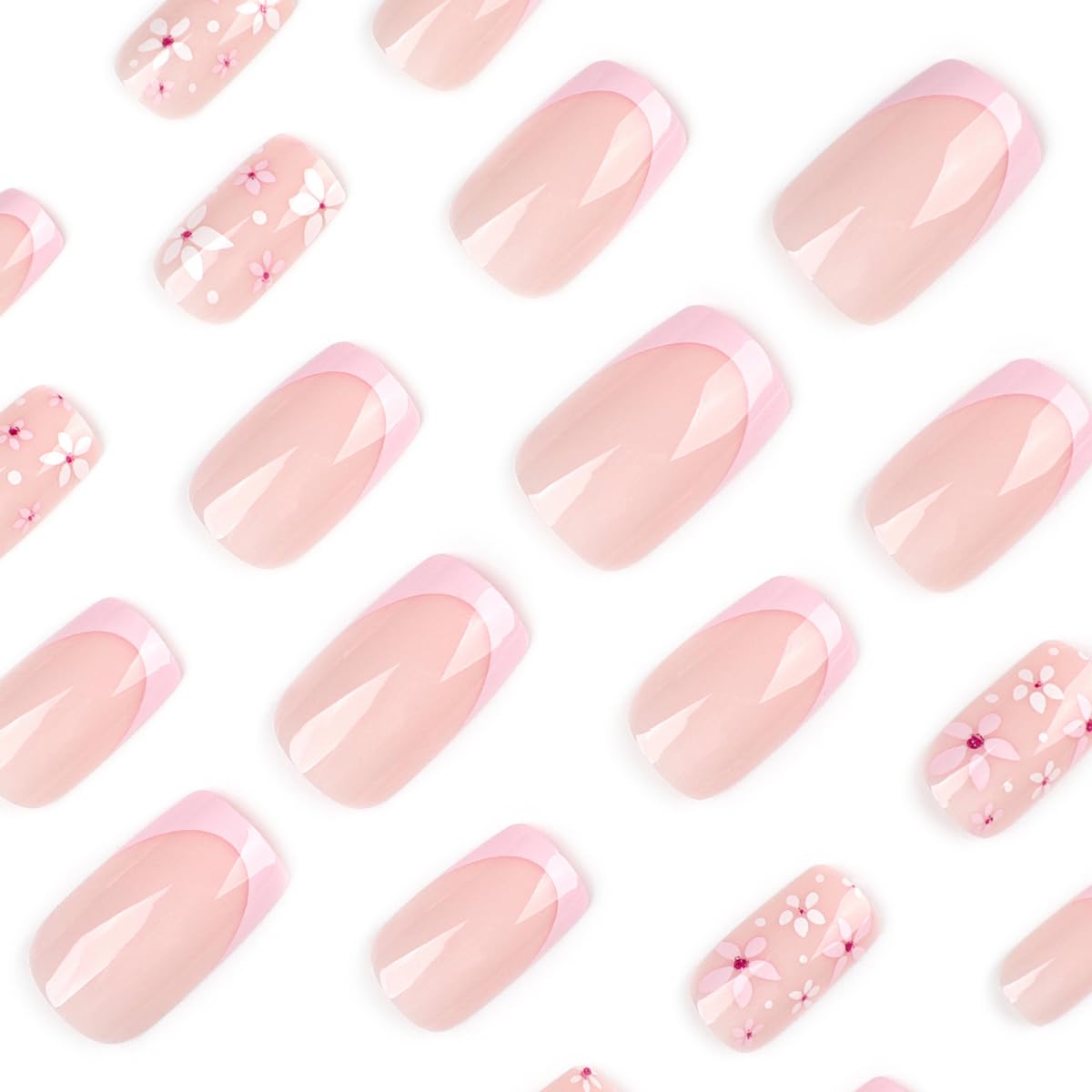 Pink Press on Nails Medium Square Fake Nails French Tip False Nails Press ons with Flower Print Design Glossy Reusable Nail Full Cover Acrylic Stick on Nails for Women Manicure 24Pcs