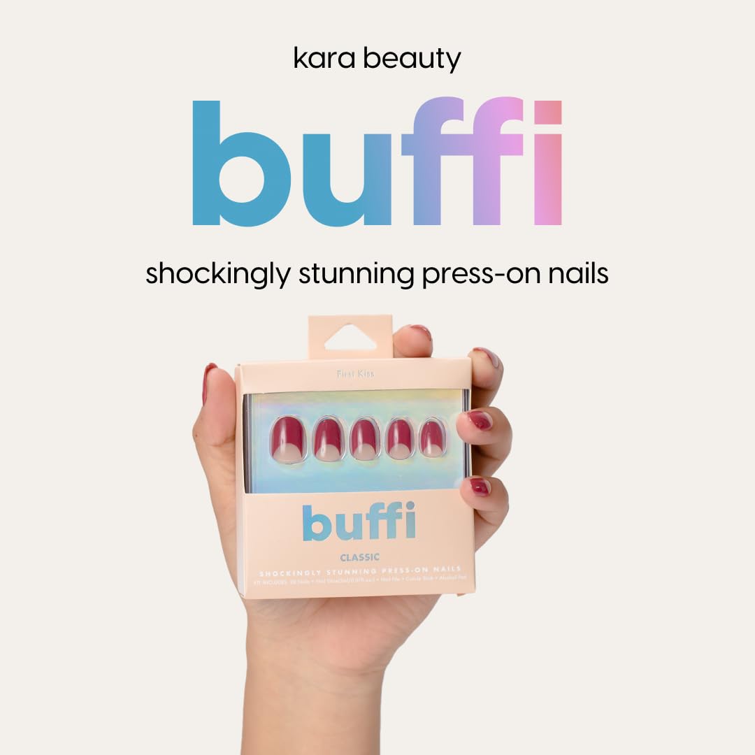 BUFFI Press-On Nails First Kiss - Short Round Oval Nail Tips in Red Crescent Half-Moon Design - Classic Y2K-Inspired Fake Nails with Glue - 28Pcs False Nails Kit with Nail File, Prep Pad & Stick