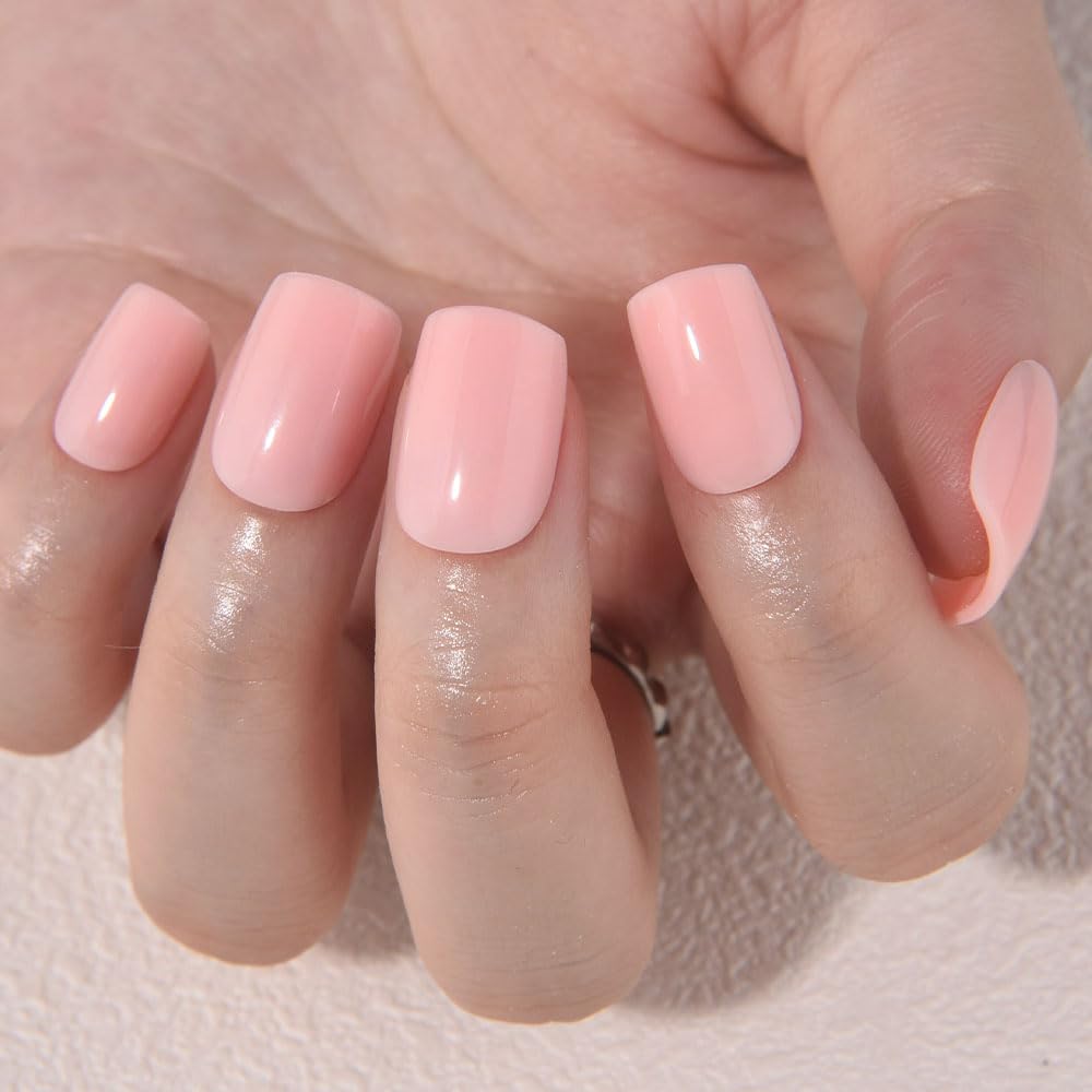 evpct Light Nude Pink Short Press on Nails Square, Glossy Soft Gel Acrylic Fake Press on Nail Manicure Kits, Reusable Artificial Stick on Nail for Women, Full Cover Easy Application Easy At-Home Salon