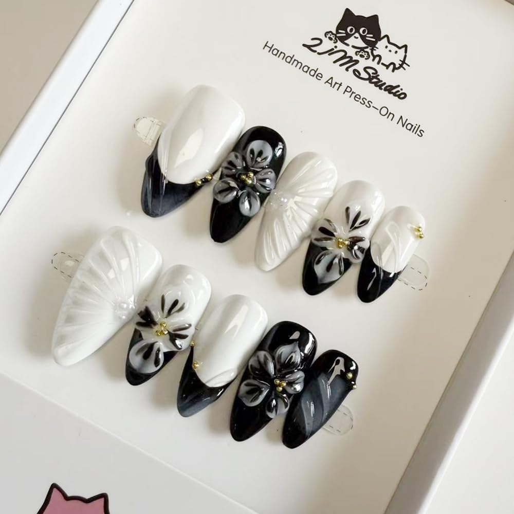 2IM Studio Handmade Press On Nails, Elegant Nude 3D Floral French Tip with Pearl Rhinestones, Almond Medium Length Full Cover Thick Reusable Acrylic Nail Kit for Women 10PCS (Classic Chic-S)