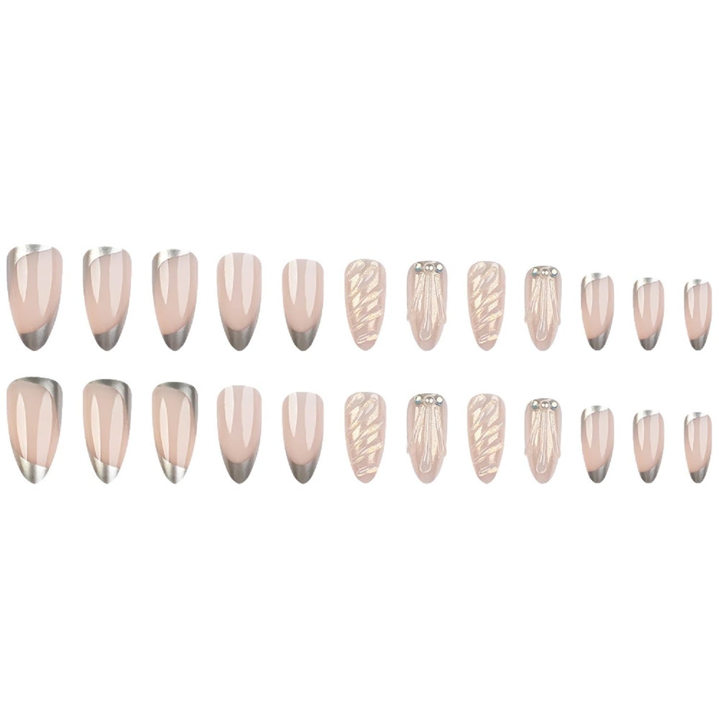 Medium Press On Nails Almond Fake Nails 3D With Pearls Design French Tip False Nails Nude Acrylic Full Cover Glue On Nail Reusable Stick On Nail For Women Manicure Art 24pcs