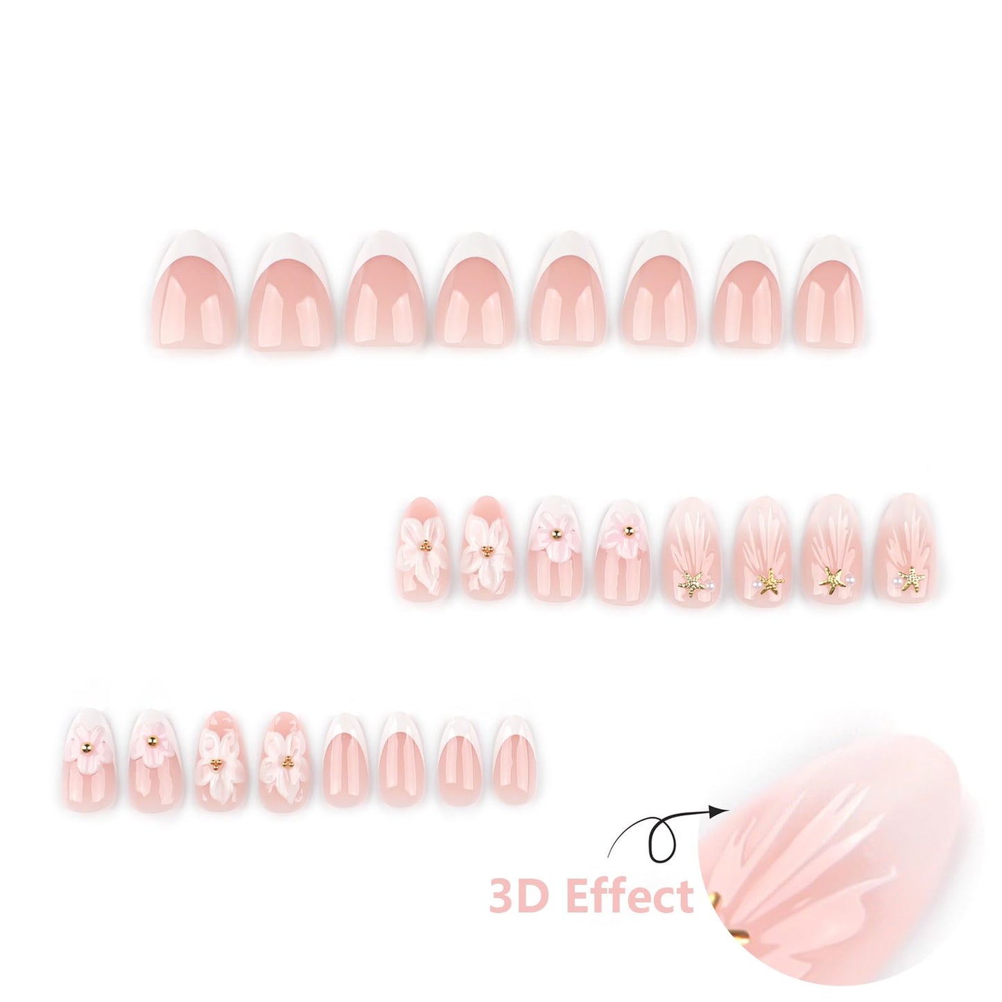 24Pcs Pink Flower Press on Nails Medium Almond Fake Nails with Glue White French Tip False Nails with 3D floral Starfish Pearl Design Cute Almond Nails Press ons Reusable Stick on Nail for Women