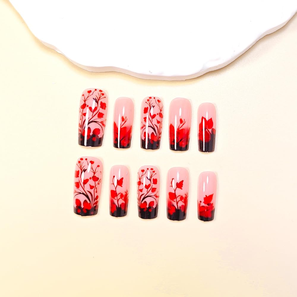 CEWEWP Medium Press on Nails Square Red Butterfly Flowers Fake Nails with Design Black French Nails Press ons Nude Acrylic False Nail Reusable Nail Tips Kit Full Cover Stick on Nails for Women 24Pcs