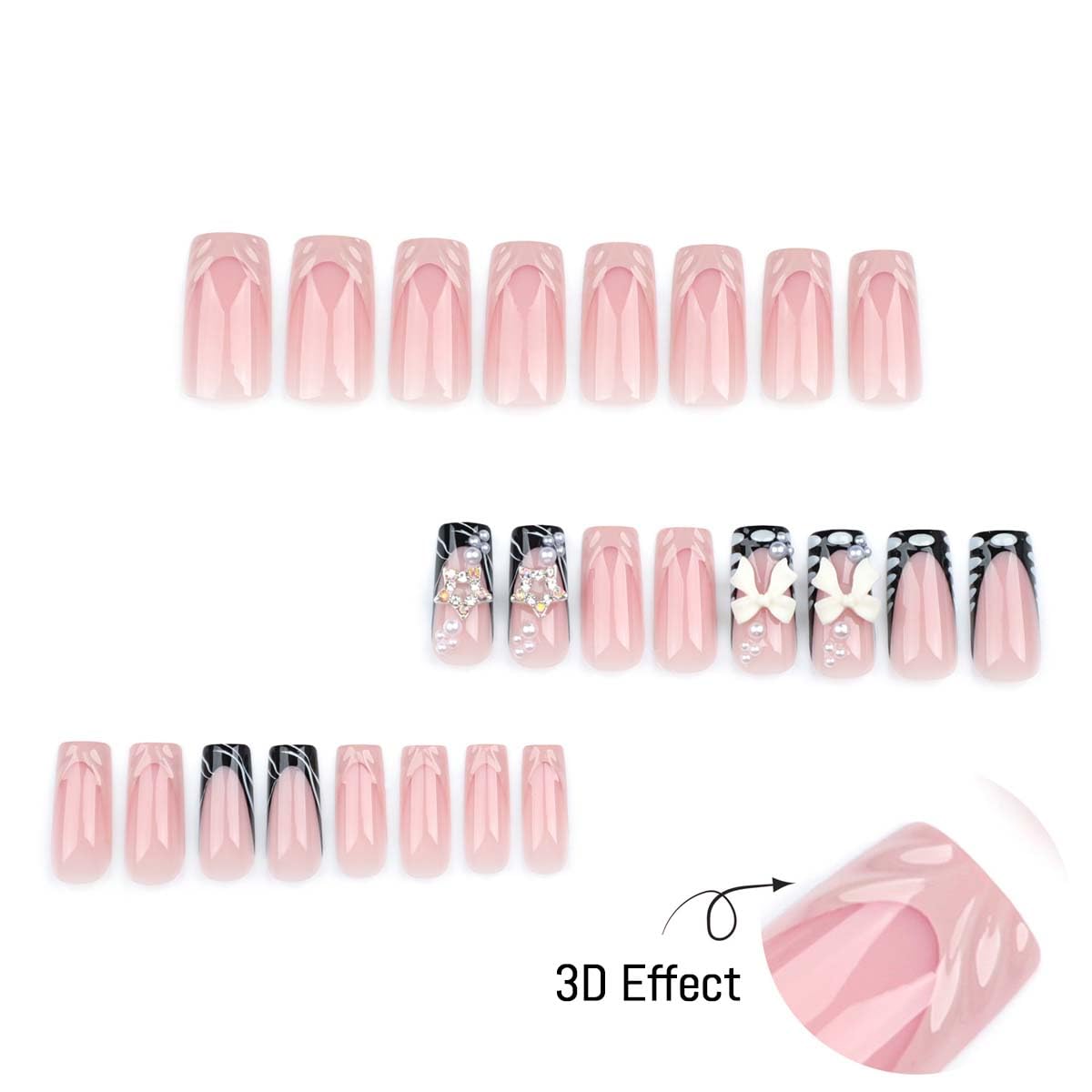Medium Square Press on Nails Bow Fake Nails Black French Tip False Nails Press ons with 3D Bow Star Pearls Designs Reusable Acrylic Nails Full Cover Artificial Stick on Nails for Women Manicure 24Pcs