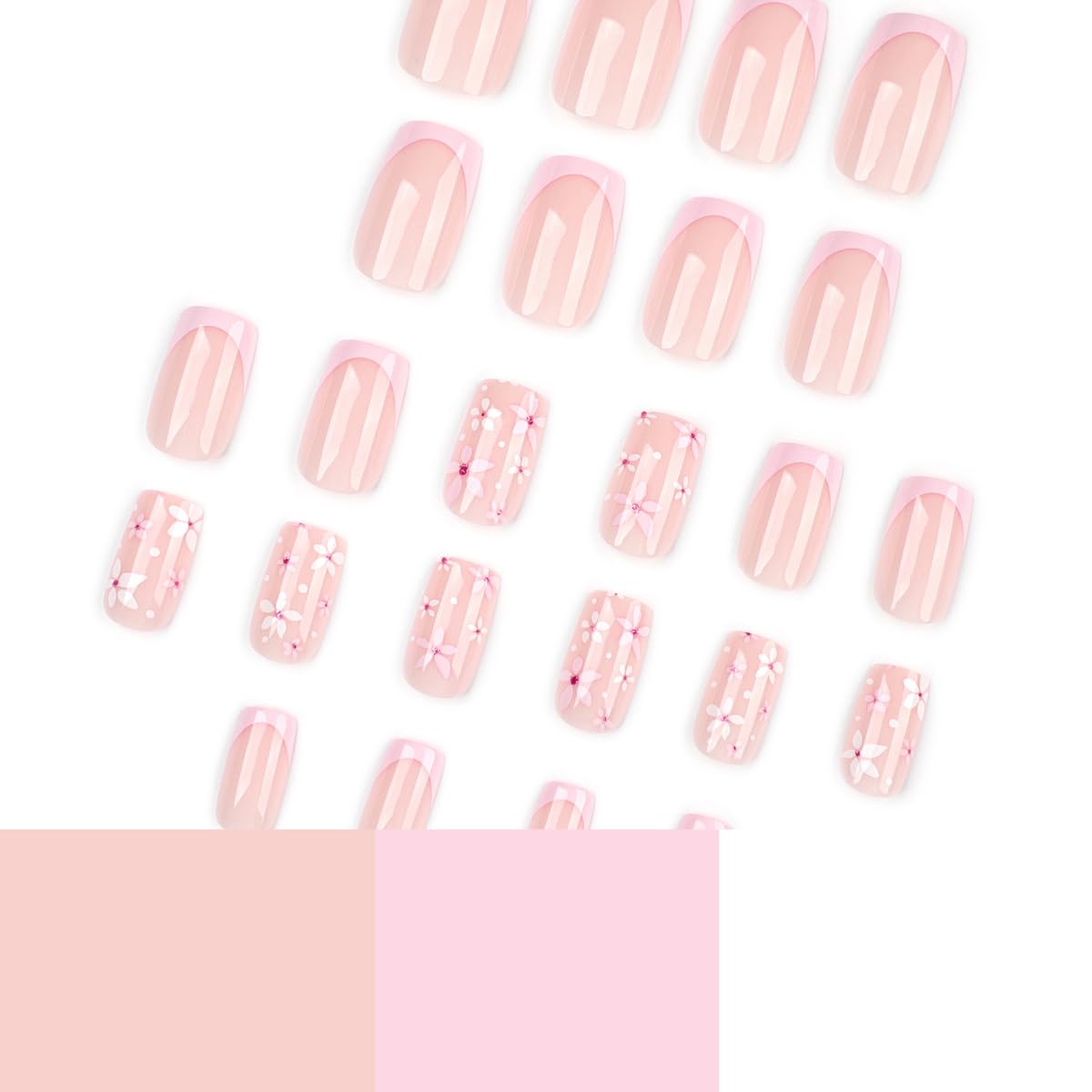 Pink Press on Nails Medium Square Fake Nails French Tip False Nails Press ons with Flower Print Design Glossy Reusable Nail Full Cover Acrylic Stick on Nails for Women Manicure 24Pcs