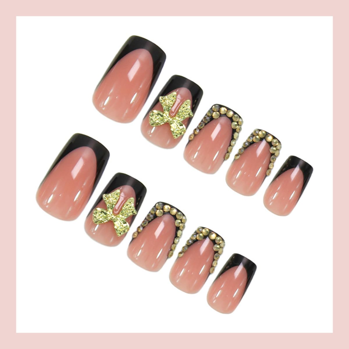 Bow Press on Nails Short Square Nail Press ons Black French Tip Fake Nails with Rhinestone Design Glossy Full Cover Glue on Nail Artificial Acrylic Stick on Nails for Women Nxtpz Manicure 24Pcs